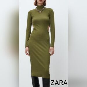 Zara Khaki Long Sleeve Cut-Out Dress